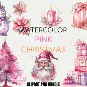 Watercolor Pink Christmas Clipart | Vintage Pink Christmas illustrations PNG clip art | Instant download Commercial use | Xmas PNG clipart
