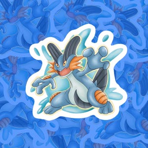 May include: A sticker depicting a blue and orange cartoon creature with a white border. The creature has a wide smile, black ears, and orange markings on its limbs. The background is a pattern of similar creatures in various shades of blue.