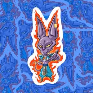 May include: A sticker depicting a purple cartoon character with large ears, yellow eyes, and a pointed finger. The character is framed by orange flames and set against a blue background with repeating character images. The character is wearing a blue and white outfit.