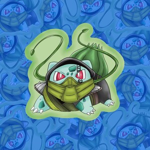 May include: A sticker featuring a green Bulbasaur character wearing a black hood and a green mask. The Bulbasaur has red eyes and is set against a background of similar characters in a blue pattern. The sticker has a green border.