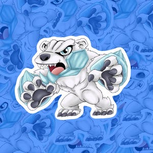 May include: A white cartoon polar bear sticker with blue ice-like details on its paws, shoulders, and head. The bear has an angry expression with its mouth open, showing its teeth and a red tongue. The background is a pattern of blue bear images.