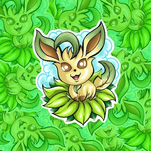 Peut inclure: Un autocollant représentant un personnage de dessin animé avec une fourrure beige, des oreilles marron et de grands yeux marron clair. Le personnage est entouré de feuilles vertes et d'un fond bleu clair. Le fond est rempli de personnages de dessins animés similaires.