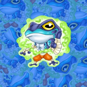 May include: A cartoon illustration of a frog-like character with a blue and purple head, yellow eyes, and orange trousers. The character is surrounded by a green aura and a blue background with repeating frog-like figures.