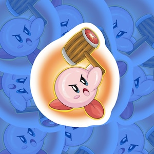 May include: A sticker featuring a pink cartoon character with a determined expression, holding a wooden mallet with a red and white star emblem. The character is set against an orange glow, surrounded by blue character outlines.