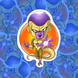 Op de afbeelding: Een sticker met een cartoonillustratie van een personage met een paarse kop en een gouden lichaam, omringd door een oranje cirkel. Het personage, met rode ogen, zendt een paarse energie-explosie uit. De achtergrond is een patroon van hetzelfde personage in blauw.