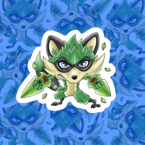 May include: A sticker featuring a cartoon raccoon character with green and tan fur, a black mask, and green leaf-like accents. The raccoon is holding two green blades and has an angry expression. The background is a pattern of similar blue raccoon faces.