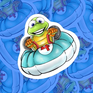 May include: A cartoon sticker of a green turtle in a light blue race car with a red number 4. The turtle is smiling and holding the steering wheel. The background is a pattern of the same image. The car has a light blue tire.