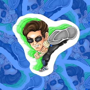 May include: A sticker featuring a cartoon illustration of a man in sunglasses kicking. The man has brown hair, a tattoo that says "Johnny", and is surrounded by green and blue accents. The background is a pattern of the same image.