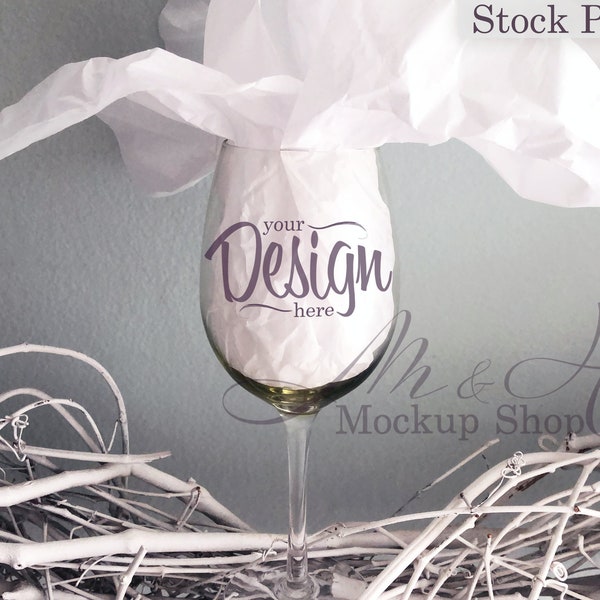 Wine glass mockup with white tissue / blank wine glass mockup /mockup for svg / stock photo