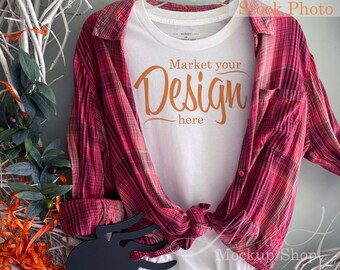 Halloween Mockup / Women’s White T-shirt with Crimson Plaid mockup including spider / clothing mockup / mockup for svg / stock photo