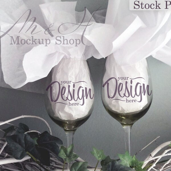 Valentine Mockup, Wine glass mockup with white tissue, His & Hers wine glass set mockup / Best Friends wine glass set mockup / stock photo