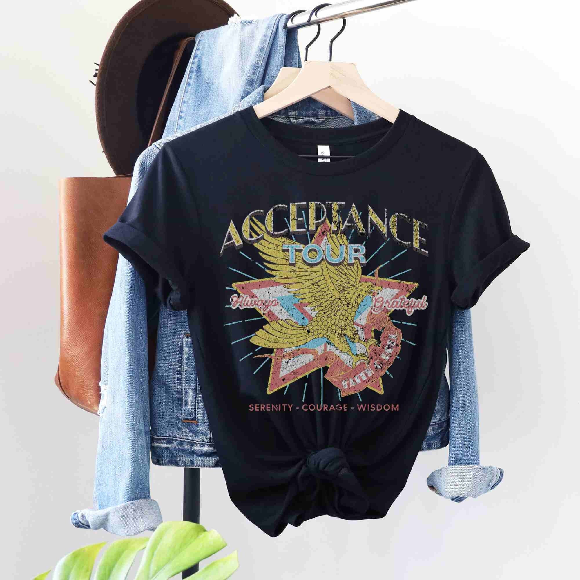 Acceptance Retro Band Tour TShirt, AA 12 Steps Sobriety Gift for Her, Serenity Prayer Recovery Shirt for Women, Sober Sayings Big Book Quote