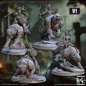 Veiled Sister Panther Riders–Choose Model A to D and Version – 3D Printed Resin Miniature – Fantasy Mount for DnD or Tabletop | 28mm to 54mm