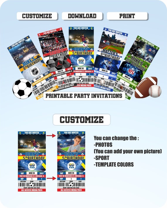 Printable Sports Ticket Birthday Party Invitation, Printable.