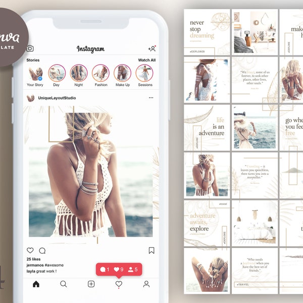 Boho Chic Instagram-puzzelsjabloon voor Canva - Verbeter uw Instagram-feed, collage, lay-out, Blogger Insta-thema en sociale media-berichten