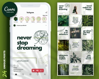 Instagram Puzzle Template for Canva | Travel Blogger Feed | Nature Posts Collage | Social Media Layout | Modern and Exotic Green Theme