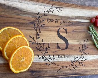 Engraved Large Teak Cutting Board With A Monogram Design. Perfect First Anniversary Gift for Couples, or A New Home Gift for the Wife.