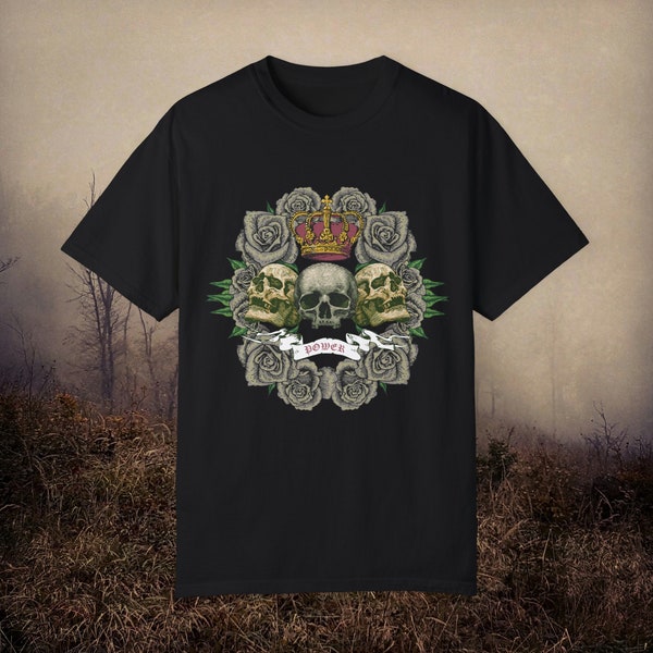 Gothic Skull Rose T-Shirt | Vintage Crown Roses Black Tee | Edgy Fashion Statement | Unique Dark Aesthetic Apparel, Gift for Goth Enthusiast
