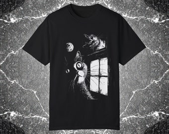 Nachtmerrie kat Tee | Trippy-shirt | Mystieke zwarte kat T-shirt | Trendy gothic-mode | Casual edgy slijtage