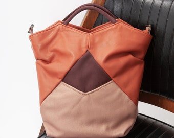 LEMPP & YIN Handmade Lambskin and Cowhide Peggy Leather Handbag in Orange and Eggplant Color