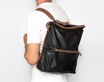 Independent designer LEMPP & YIN Handmade Raw Cut Waxed Cowhide Fine Italian Leather Berlin Backpack in Black