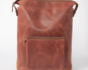 Independent designer LEMPP & YIN Handmade Raw Cut Waxed Cowhide Fine Italian Leather Berlin Backpack in Brick Red