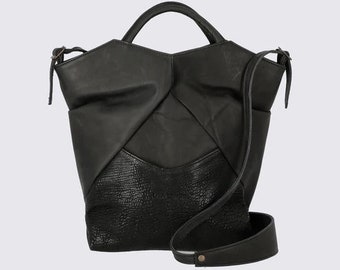 LEMPP & YIN Handmade Lambskin and Cowhide Peggy Leather Handbag in Black Color