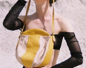 LEMPP & YIN Handmade Lambskin and Cowhide Leather Shoulder Bag in Yellow and Sand Color