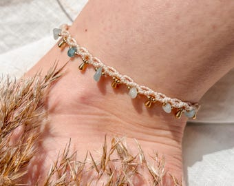 Tobillera de macramé con cuentas de aguamarina, pulsera bohemia hecha a mano, joyería para el pie con piedras preciosas naturales, regalo de boda en la playa para ella, para uso diario.