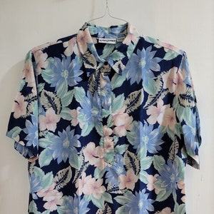 Vintage Womens Sz 16 ALFRED DUNNER Blue Floral Short Sleeve Blouse Elastic Waist
