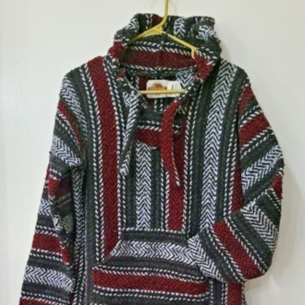 Vtg Womens Sz. M EARTH RAGZ Striped Drug Rug Baja Poncho Hoodie Surfer Hippie