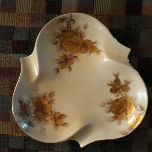 Hand Painted Trinket Plate Dish Beautiful Gilded Gold Roses on a unique shaped Shallow Dish Signed on back