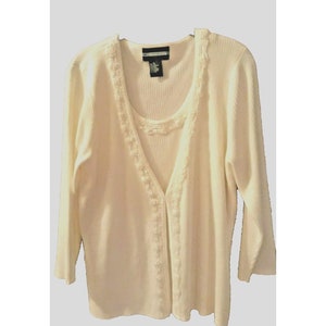 Womans Sz XL REQUIREMENT Elegant Beaded White 2fer Long Sleeve Cardigan Sweater