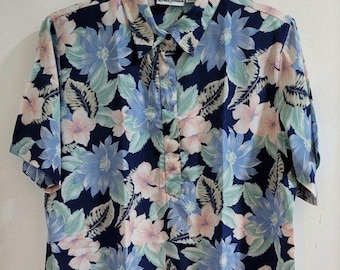 Chemisier fleuri bleu à manches courtes pour femme ALFRED DUNNER taille 16, taille élastique