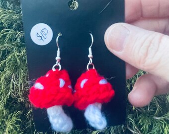 Handmade Crochet Mushroom Dangle Earring- Red Mushroom Earrings- Cottagecore