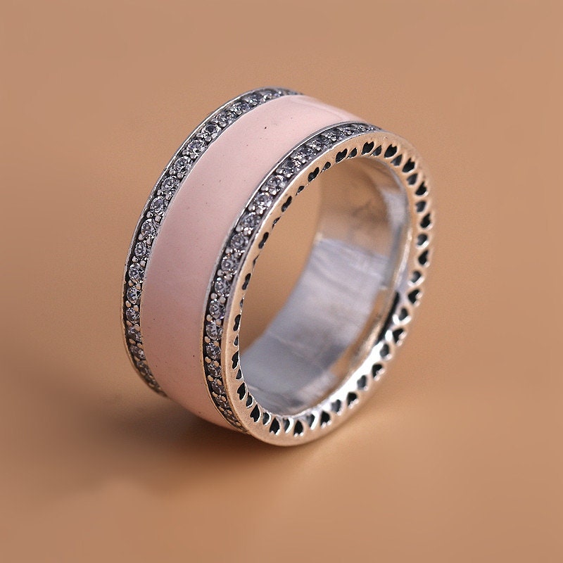 Pink Enamel Heart Eternity Ring, Daughter Gift, Pink Enamel