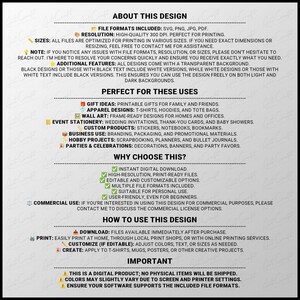 May include: An information sheet for a digital design product, featuring a green tick icon, a white background, and black text. The text includes the headings "About This Design", "File Formats Included", "Resolution", "Sizes", "Note", "Additional Features", "Perfect For These Uses", "Gift Ideas", "Apparel Designs", "Wall Art", "Event Stationery", "Custom Products", "Business Use", "Hobby Projects", "Parties & Celebrations", "Why Choose This?", "Instant Digital Download", "High-Resolution, Print-Ready Files", "Editable and Customizable Options", "Multiple File Formats Included", "Suitable for Personal Use", "User-Friendly, Even for Beginners", "Commercial Use", "How to Use This Design", "Download", "Print", "Customize (if Editable)", "Create", "Important", "This is a Digital Product; No Physical Items Will Be Shipped", "Colours May Slightly Vary Due to Screen and Printer Settings", "Ensure Your Software Supports the Included File Formats".