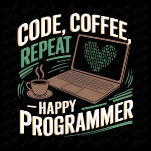 Op de afbeelding: Een grafisch ontwerp met de tekst "CODE, COFFEE, REPEAT - HAPPY PROGRAMMER" in witte en groene letters. Op de achtergrond is een laptop te zien met een scherm dat binaire code weergeeft. Op de voorgrond staat een kopje koffie.