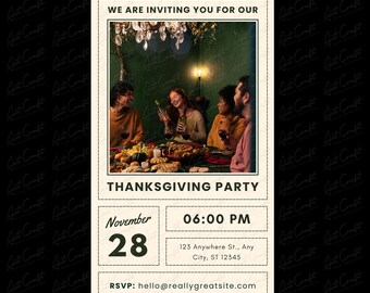 May include: Thanksgiving party invitation with a photo of people gathered around a table. The invitation includes the text "WE ARE INVITING YOU FOR OUR THANKSGIVING PARTY" and details for November 28 at 6:00 PM. RSVP at hello@reallygreatsite.com.