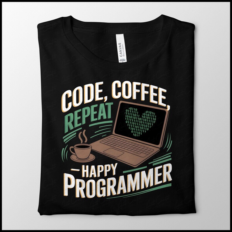 May include: Black t-shirt featuring a graphic design of a laptop, a cup of coffee, and the text "Code, Coffee, Repeat - Happy Programmer".