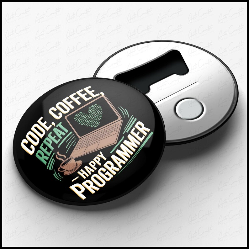 May include: A black and green round magnet with a white and green laptop, a cup of coffee, and the text "Code, Coffee, Repeat - Happy Programmer". The magnet has a silver bottle opener attached to the back.