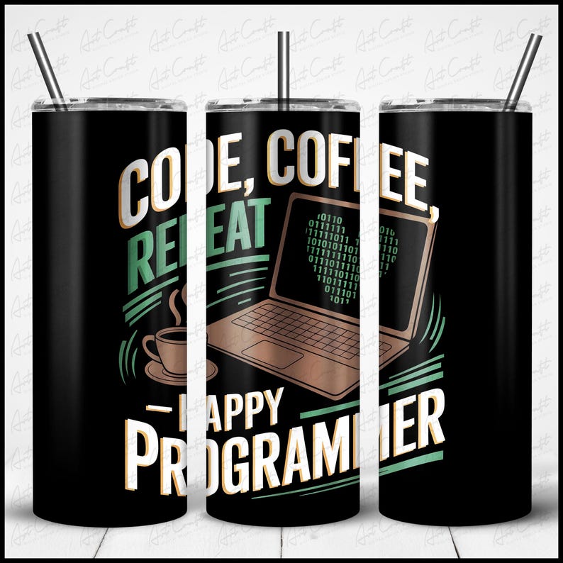 May include: Black tumbler with a white design that says "Code, Coffee, Repeat - Happy Programmer". The design also includes a laptop with a green screen displaying binary code and a cup of coffee.