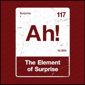 May include: A rectangular graphic print featuring a distressed white background with dark red text and borders. It displays the chemical symbol Ah!, the number 117, the word Surprise, the number 14.994, and the text The Element of Surprise.
