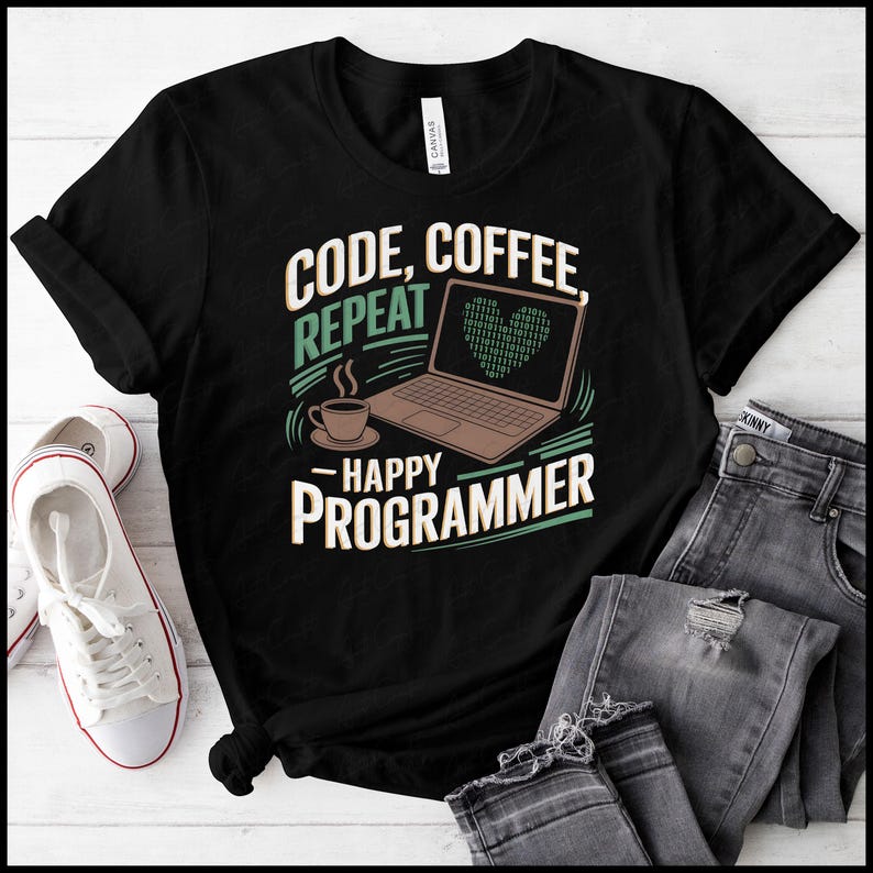 May include: Black t-shirt with a green and white design featuring a laptop, a cup of coffee, and the text "Code, Coffee Repeat - Happy Programmer".