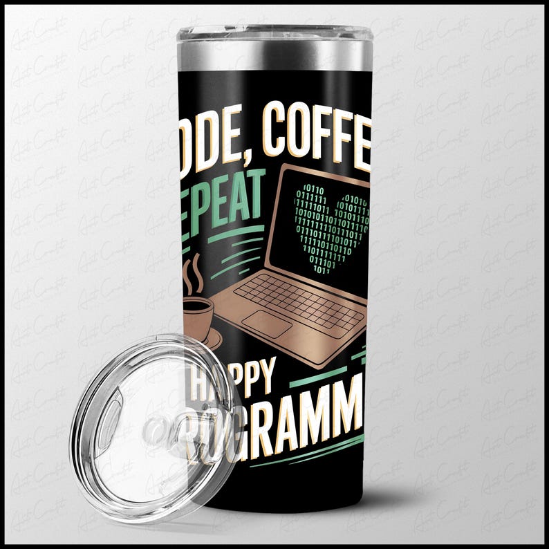 May include: A black and green stainless steel tumbler with a laptop, coffee cup, and the text "Code, Coffee, Repeat, Happy Programmer".