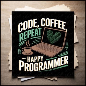 May include: A black and green graphic design with the text "CODE, COFFEE, REPEAT - HAPPY PROGRAMMER". The design features a laptop with a green screen displaying binary code and a steaming cup of coffee.