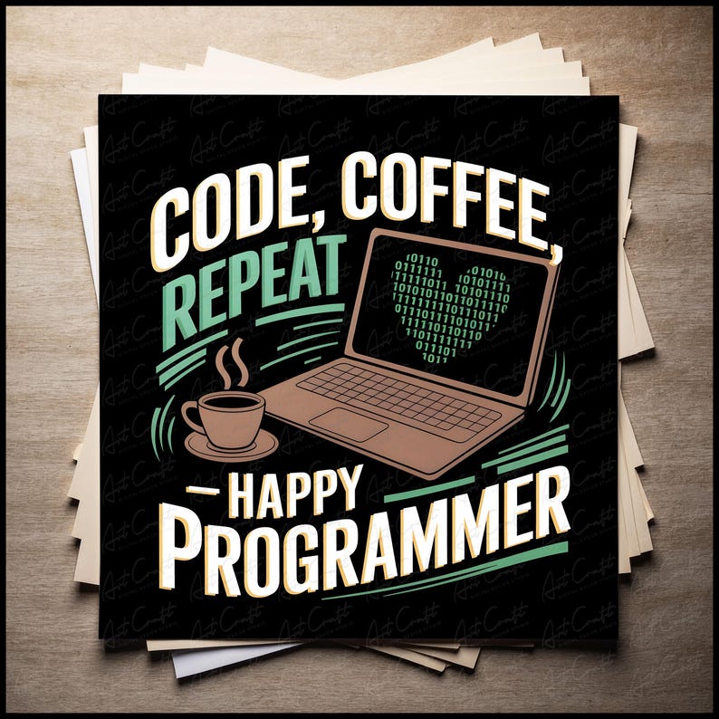 May include: A black and green graphic design with the text "CODE, COFFEE, REPEAT - HAPPY PROGRAMMER". The design features a laptop with a green screen displaying binary code and a steaming cup of coffee.