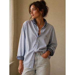 Upcycled Ralph Lauren Button Down XL Blue Good Plaid Ruffle Collar Long Sleeve