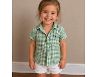 Up cycled Ralph Lauren Gingham Ruffle Shirt Kids 4T Green Excellent Short Sleeve