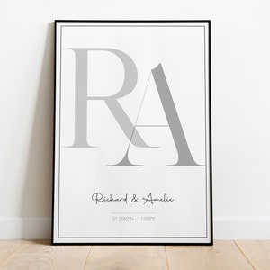 Póster inicial con coordenadas / Póster personalizable / Póster de dos letras / Póster con el texto deseado / Póster de pareja / Día de San Valentín